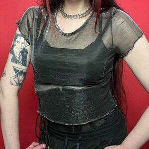 Luna chix / Sparkly Silver mesh crop tee shirt 🖤🩶​​​​​​
